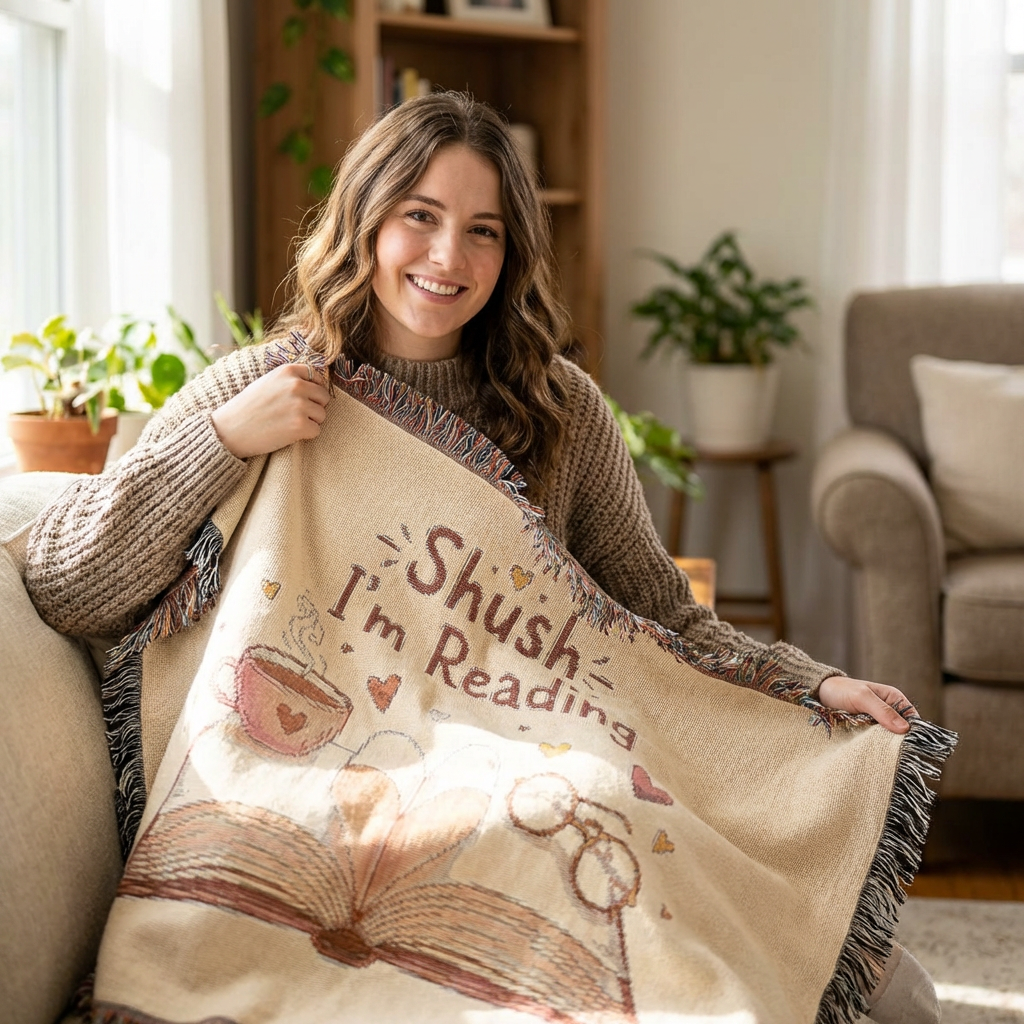 Woven Blanket "Shush I'm Reading" Cozy Book Lover Throw